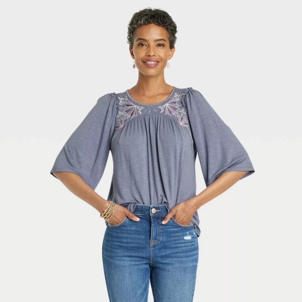 Knox Rose flutter elbow sleeve embroidered knit top